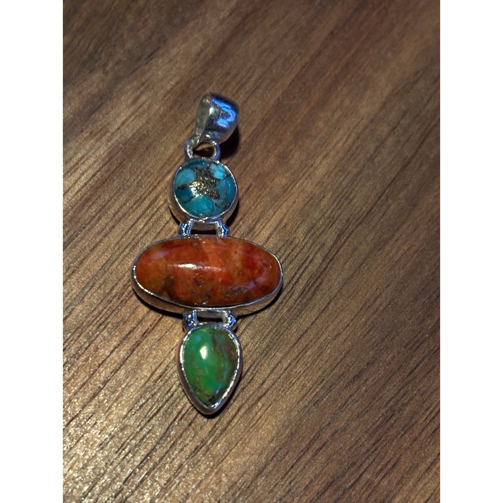 Southwestern Style Pendant 925 Sterling Silver Red Coral Turquoise Lapis 3"